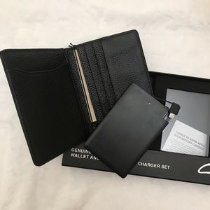 Genuine leather wallet and portable phone charger